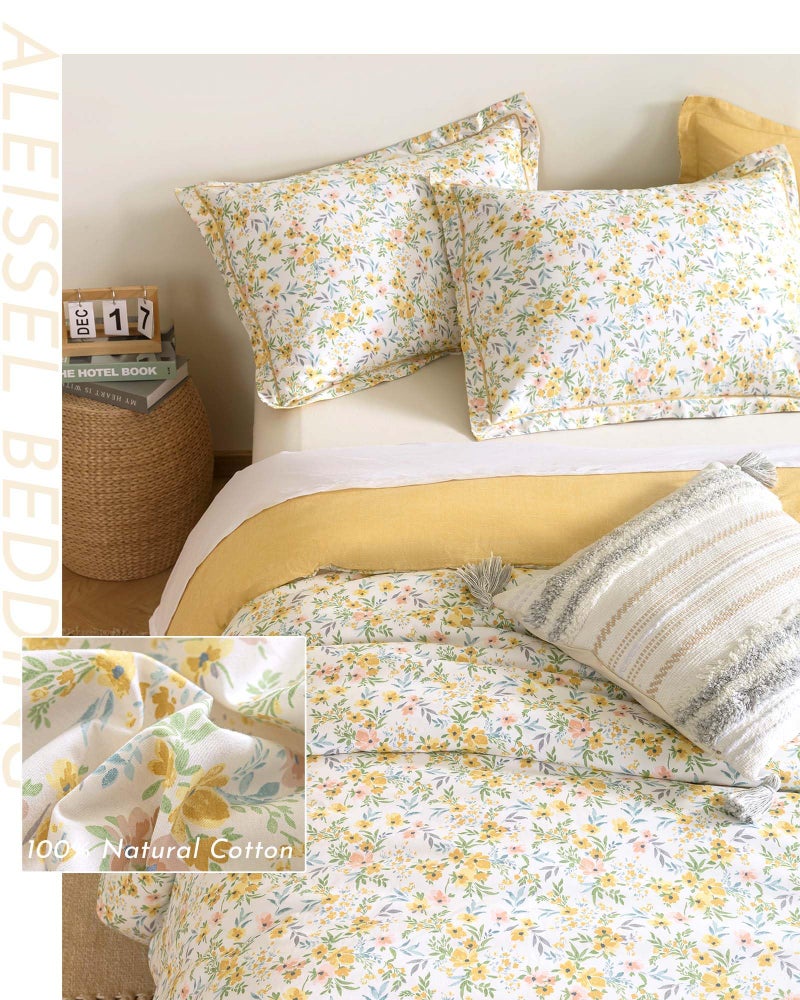 ALEISSEL Natural Cotton 3pcs Floral Comforter Sets King Size-Yellow Comforter with Pink & Yellow Flowers and Blue & Green Leaves on White  Reversible Lightweight Bedding Sets(King 104""?90"") - Image 3